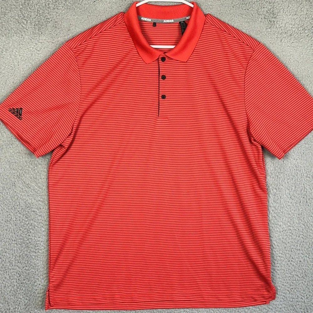 Adidas Golf Polo Shirt Mens XL Red Black Striped Performance Rugby Short Sleeve